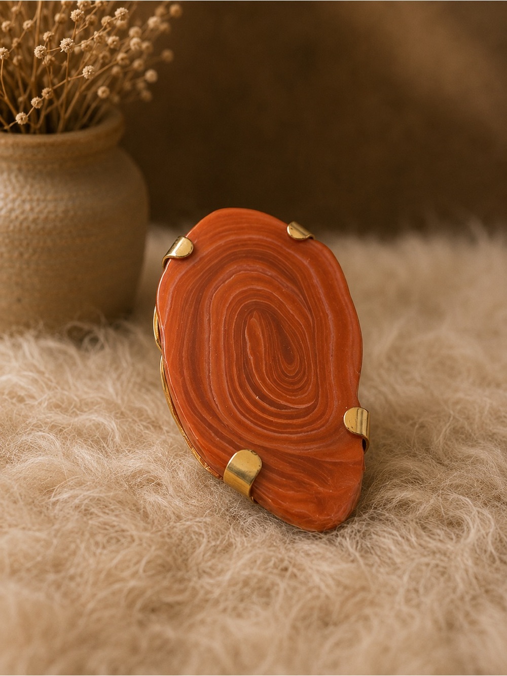 One of a Kind Genuine Banded Agate Stone Statement Ring Silver-Tone Artisan Boho